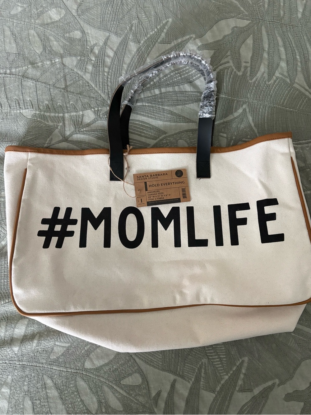 Santa Barbara #MOMLIFE Canvas Tote in Cream with Black Text